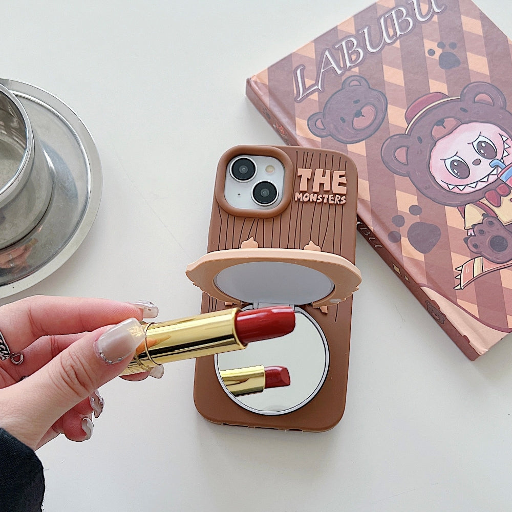 Labubu Cartoon Flip Makeup Mirror Stand Silicone Soft Phone Case | Mobile Cover - iPhone 16 Pro Max