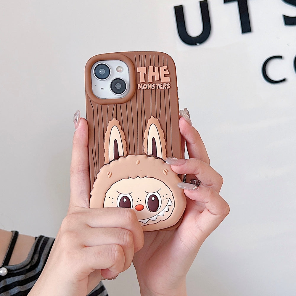 Labubu Cartoon Flip Makeup Mirror Stand Silicone Soft Phone Case | Mobile Cover - iPhone 16 Pro Max