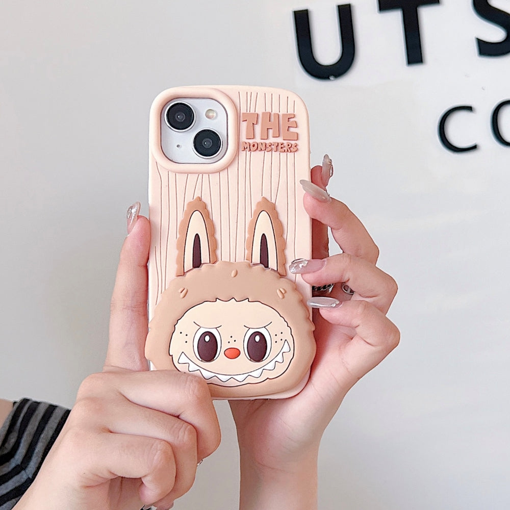 Labubu Cartoon Flip Makeup Mirror Stand Silicone Soft Phone Case | Mobile Cover - iPhone 16 Pro Max