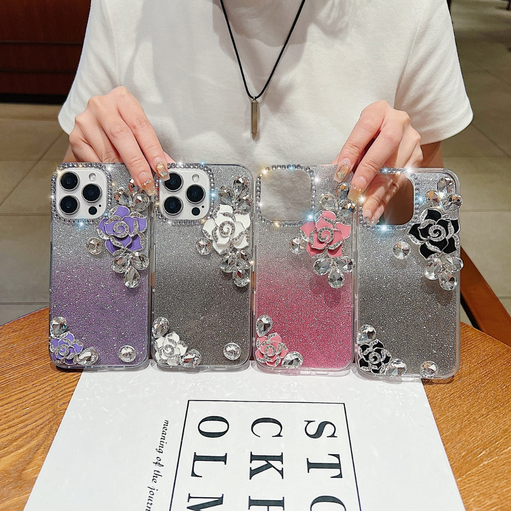 Luxury Camellia Water Diamond Phone Case with Shimmer Paper