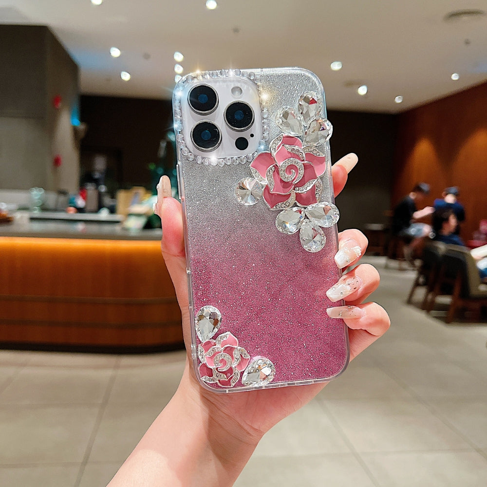 Luxury Camellia Water Diamond Phone Case with Shimmer Paper