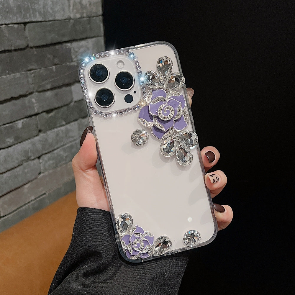 Luxury Camellia Water Diamond Transparent Phone Case