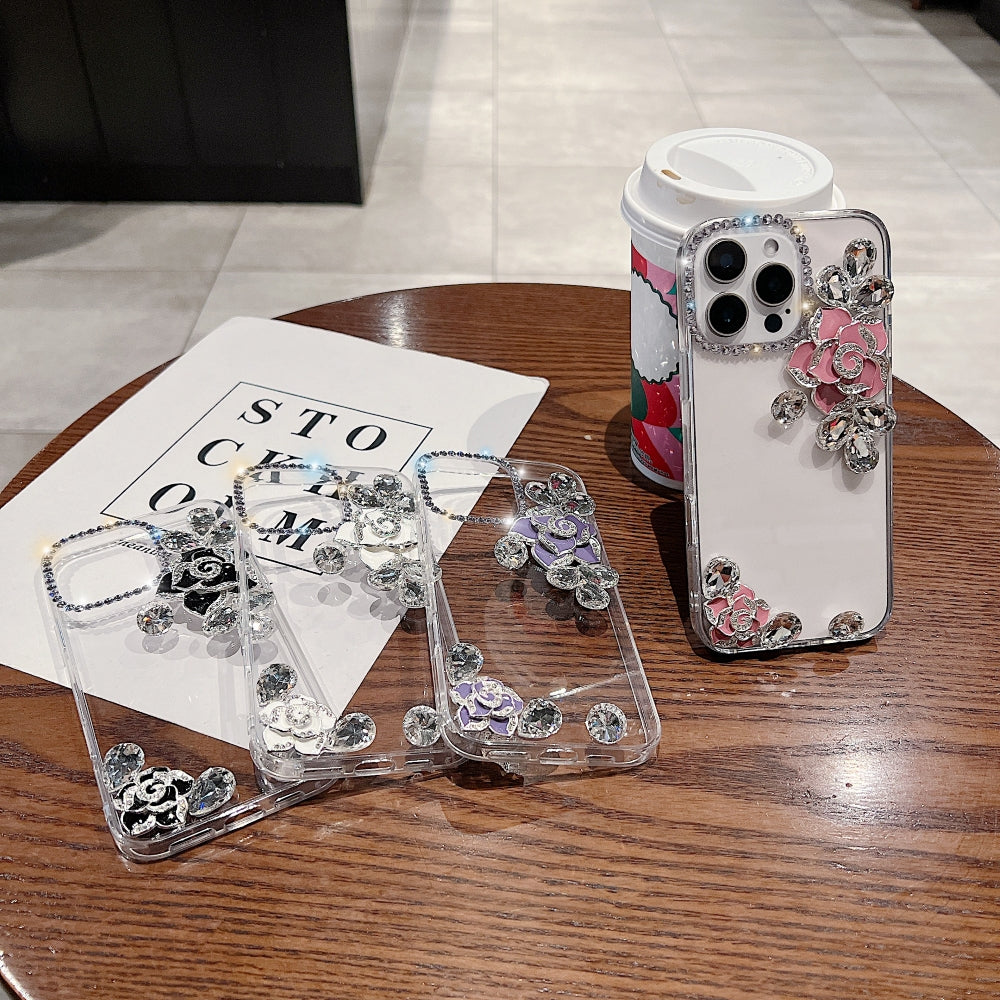 Luxury Camellia Water Diamond Transparent Phone Case