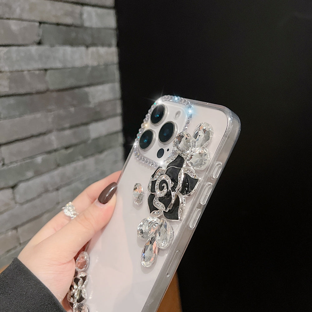Luxury Camellia Water Diamond Transparent Phone Case