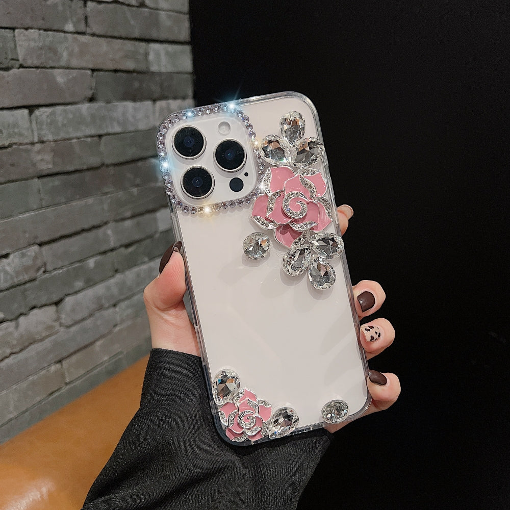 Luxury Camellia Water Diamond Transparent Phone Case