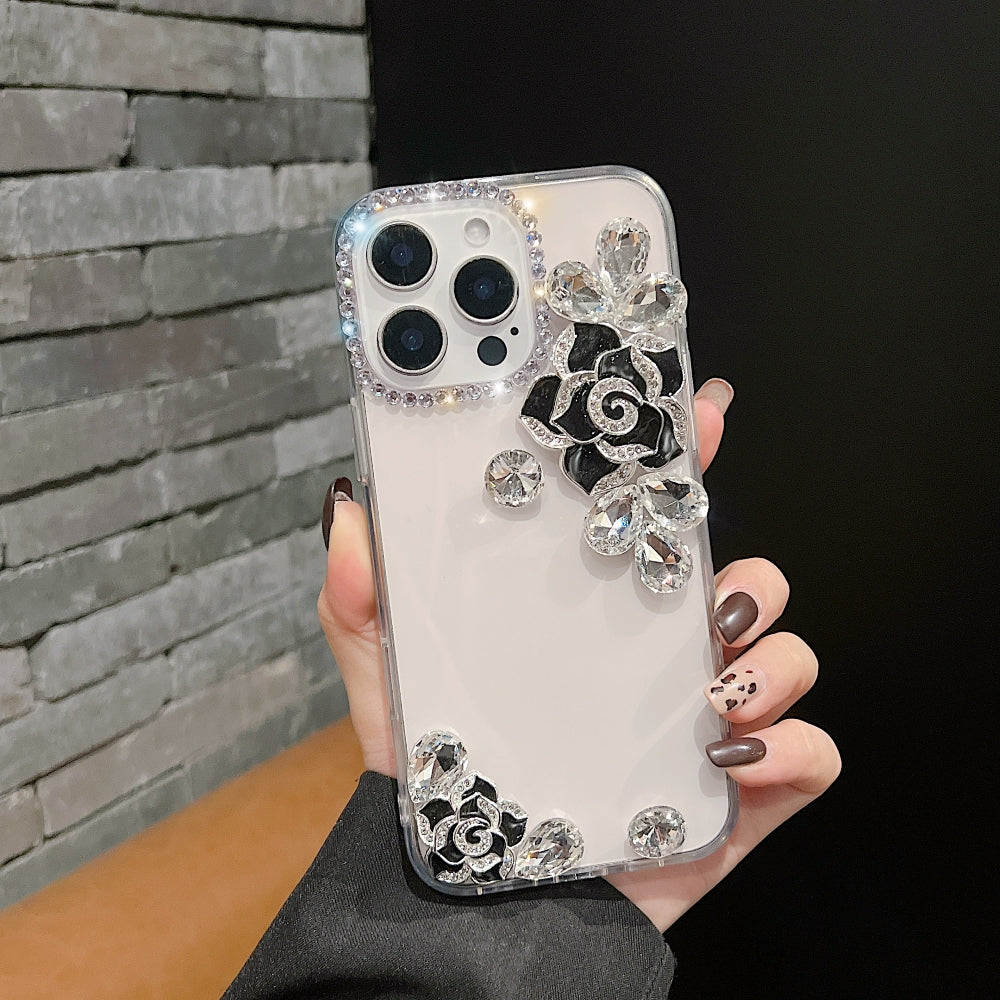 Luxury Camellia Water Diamond Transparent Phone Case