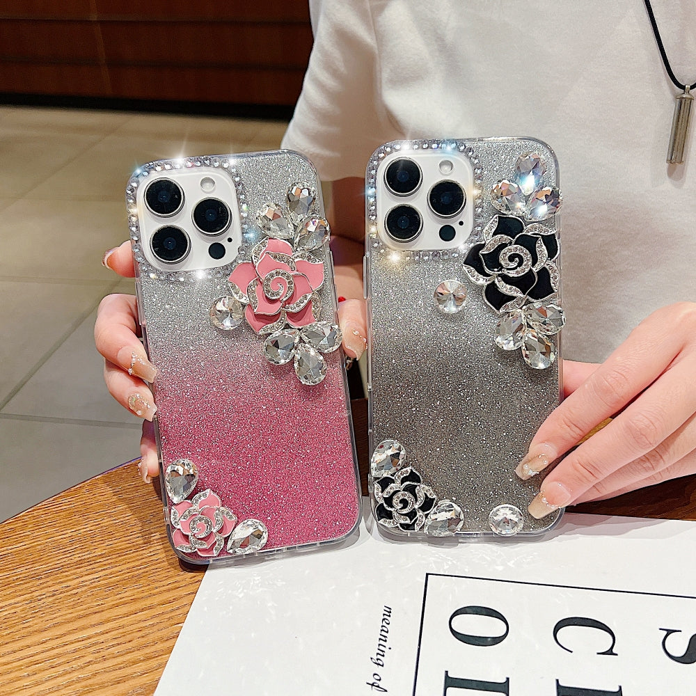 Luxury Camellia Water Diamond PC (Hard) Phone Case with Shimmer Paper - iPhone 15 Pro Max