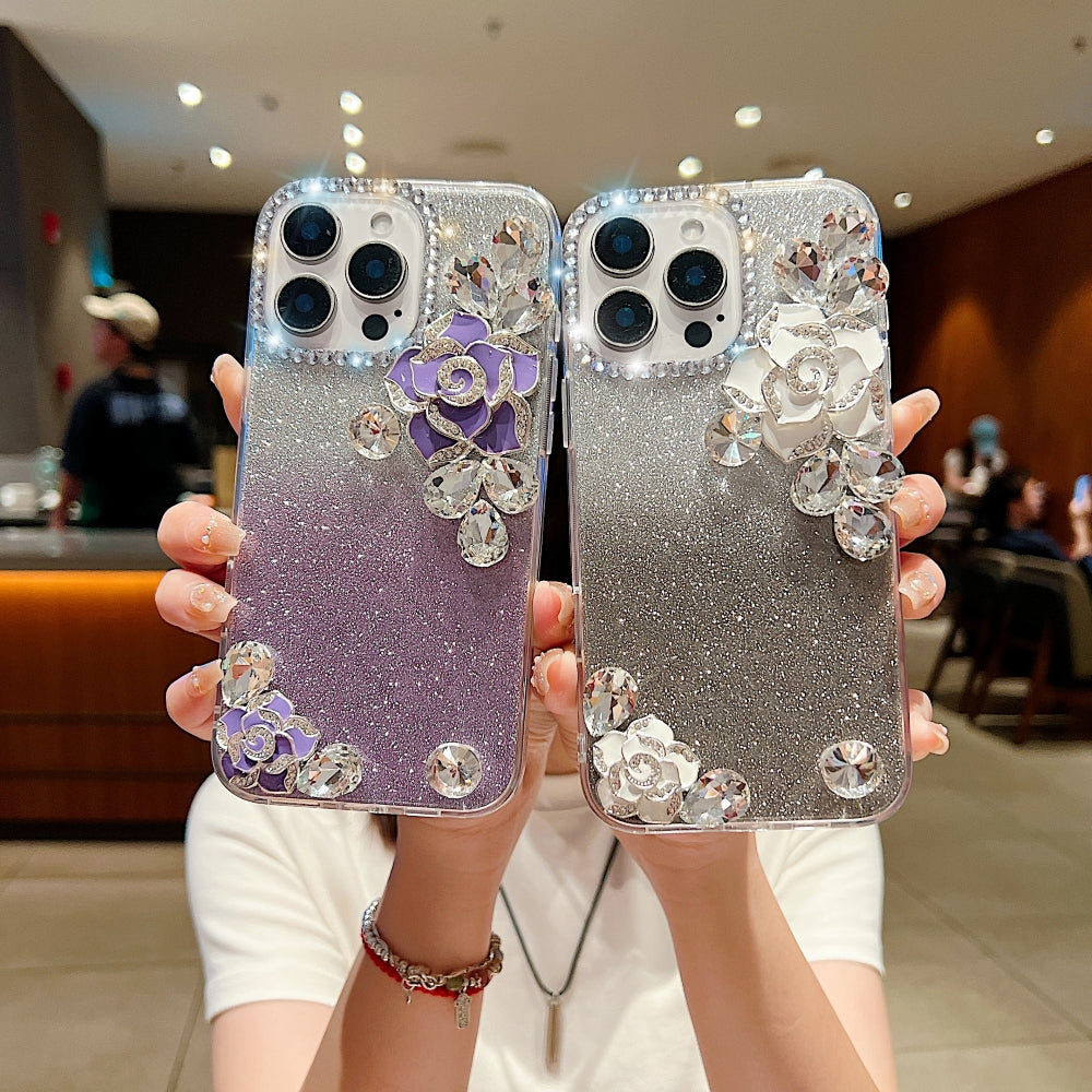 Luxury Camellia Water Diamond PC (Hard) Phone Case with Shimmer Paper - iPhone 15 Pro Max