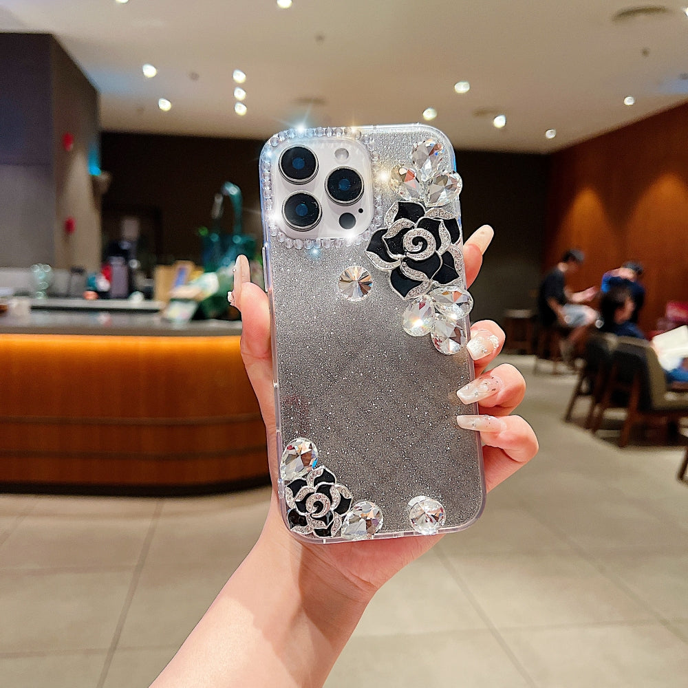 Luxury Camellia Water Diamond PC (Hard) Phone Case with Shimmer Paper - iPhone 15 Pro Max