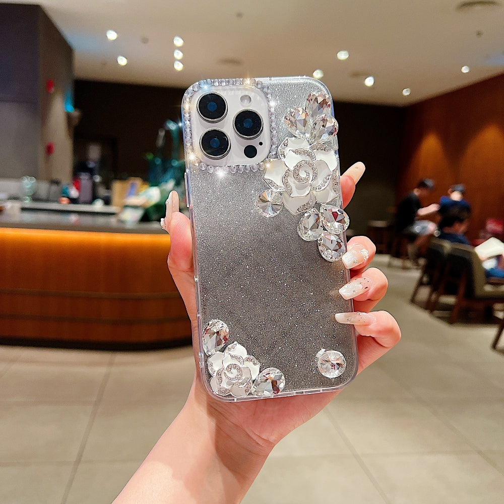 Luxury Camellia Water Diamond PC (Hard) Phone Case with Shimmer Paper - iPhone 15 Pro Max