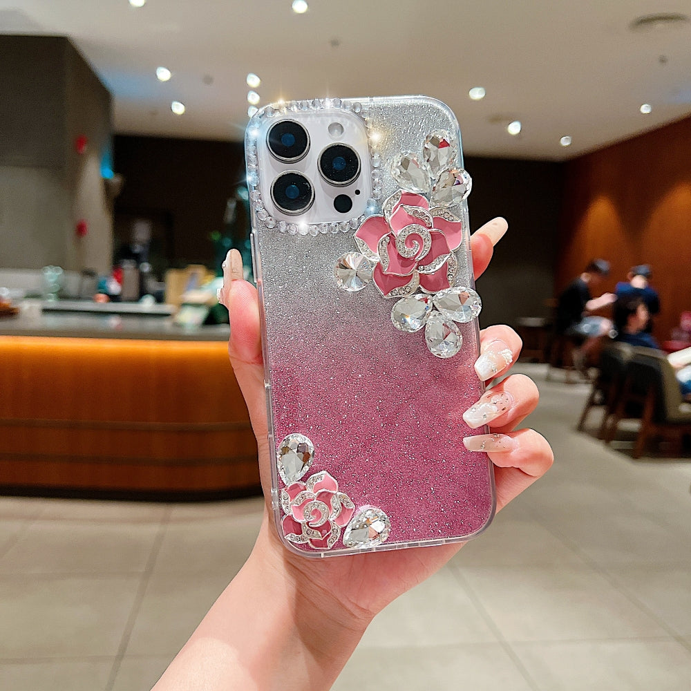 Luxury Camellia Water Diamond PC (Hard) Phone Case with Shimmer Paper - iPhone 15 Pro Max