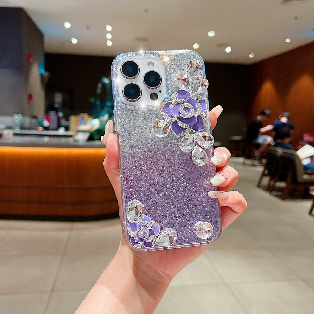 Luxury Camellia Water Diamond PC (Hard) Phone Case with Shimmer Paper - iPhone 15 Pro Max