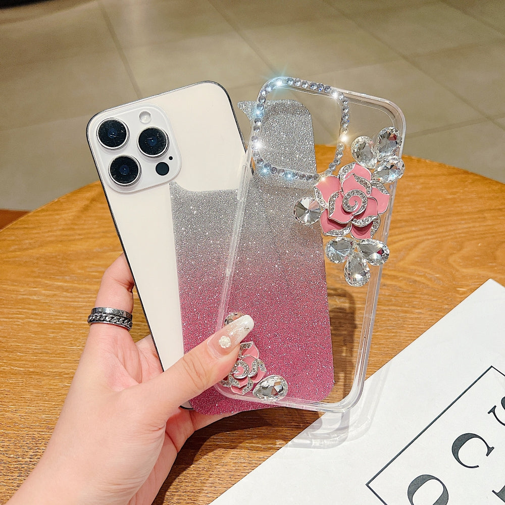 Luxury Camellia Water Diamond PC (Hard) Phone Case with Shimmer Paper - iPhone 15 Pro Max