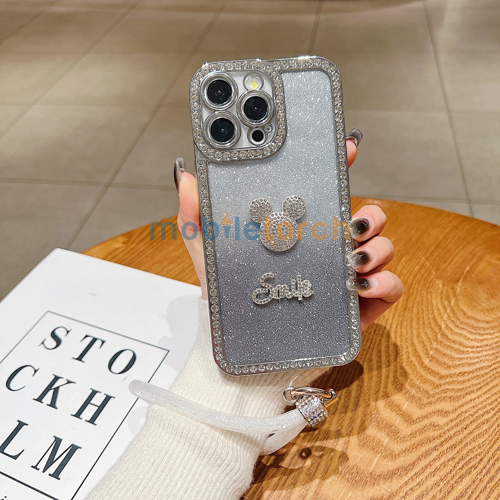 Luxury Design Glittery Cartoon Diamond Border Phone Case with Bracelet - iPhone 14 Pro
