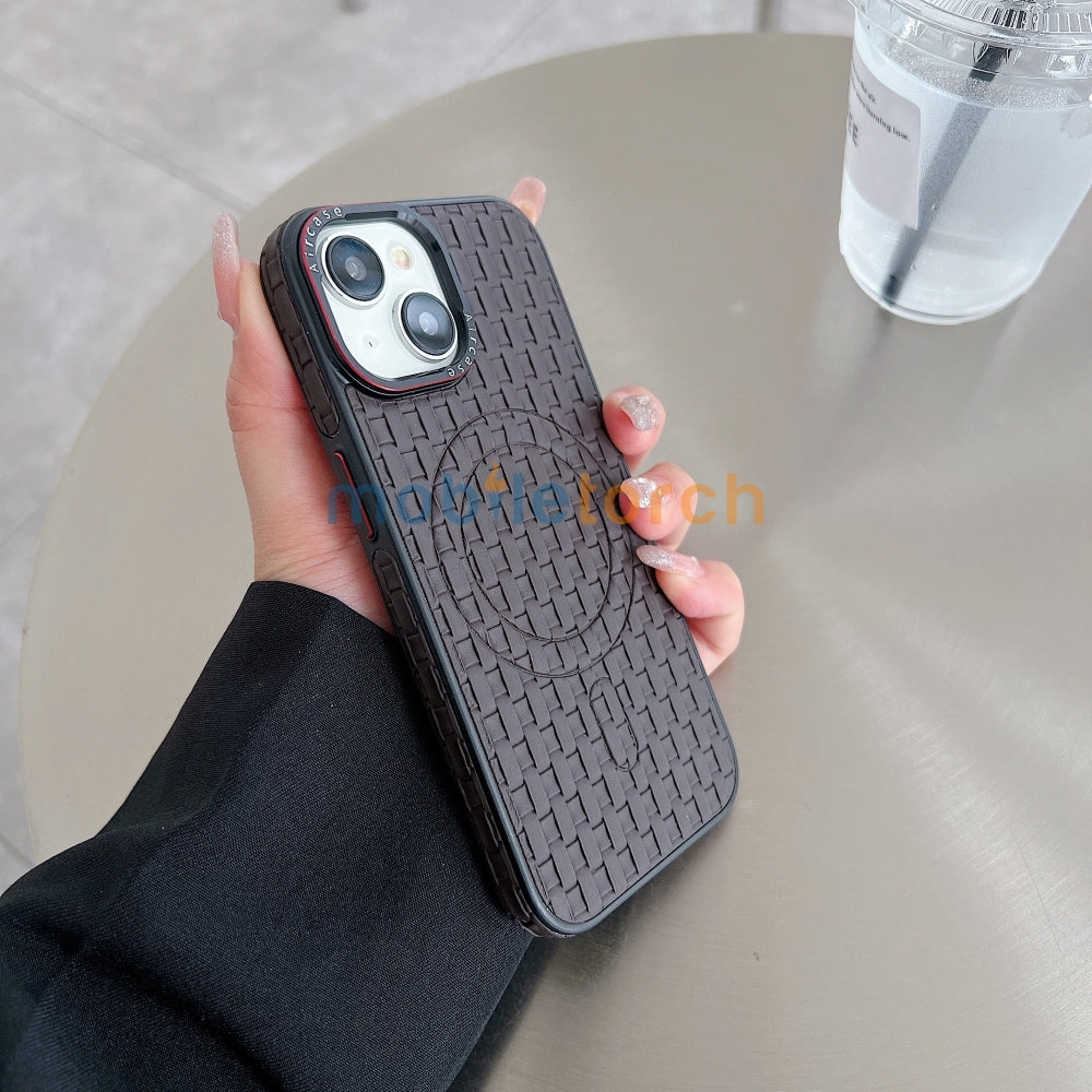 Magsafe PU Leather Woven Mesh Grid PC (Hard) Phone Case - iPhone 15