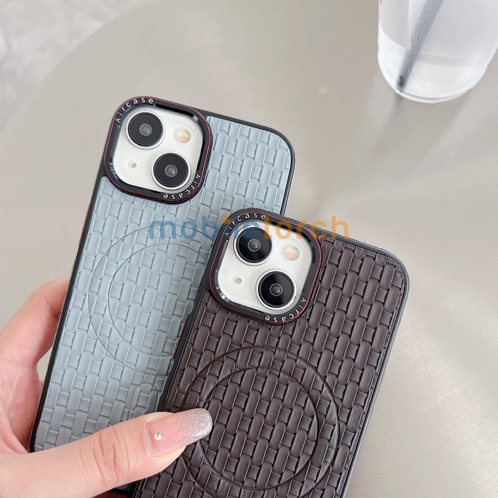 Magsafe PU Leather Woven Mesh Grid PC (Hard) Phone Case - iPhone 15