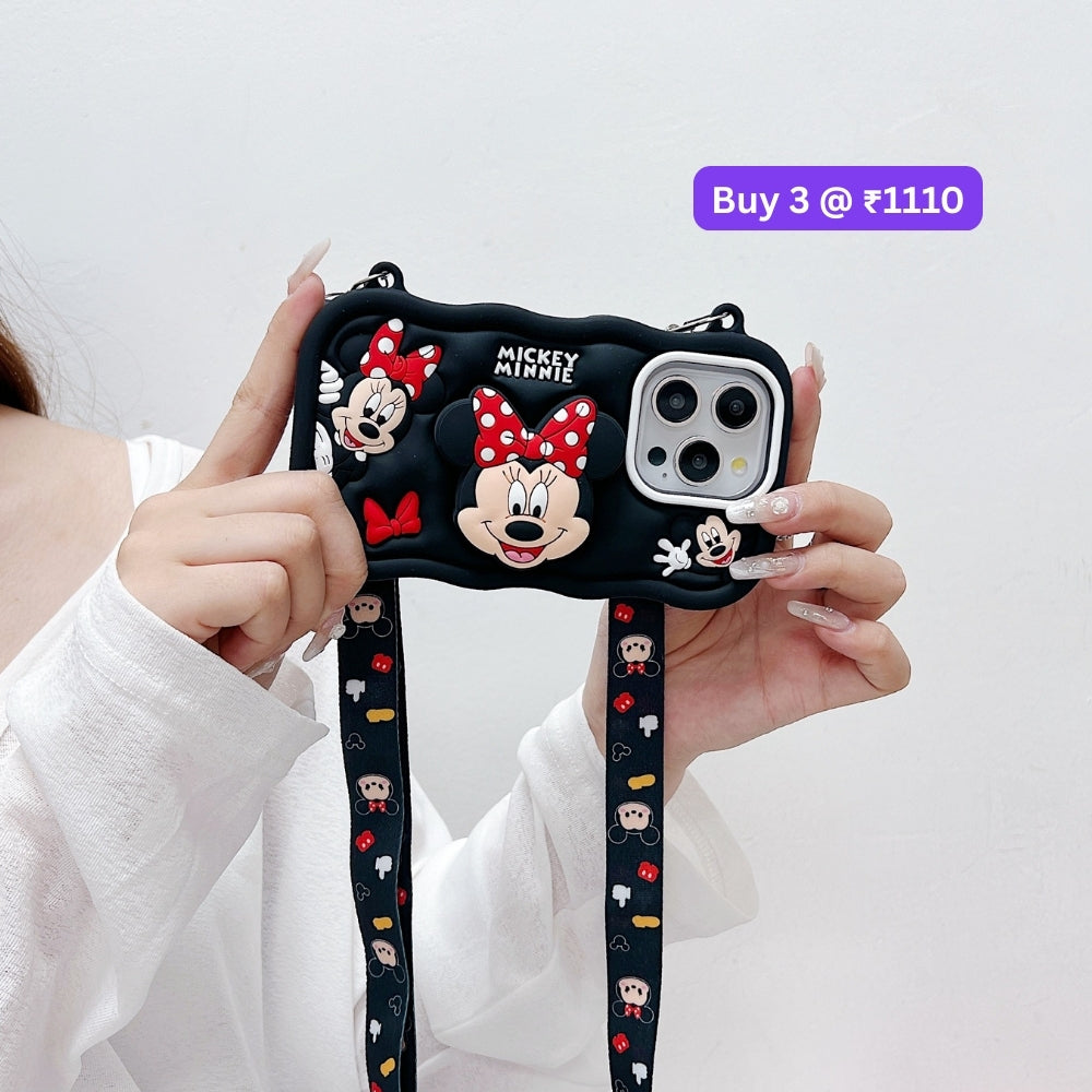 Minnie Cartoon Kickstand Phone Case with Shoulder Strap | Mobile Cover - iPhone 13