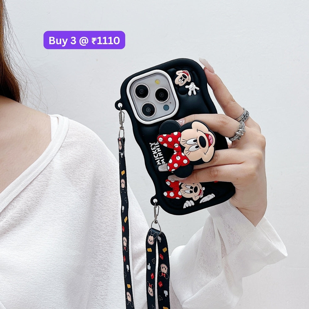 Minnie Cartoon Kickstand Phone Case with Shoulder Strap | Mobile Cover - iPhone 13