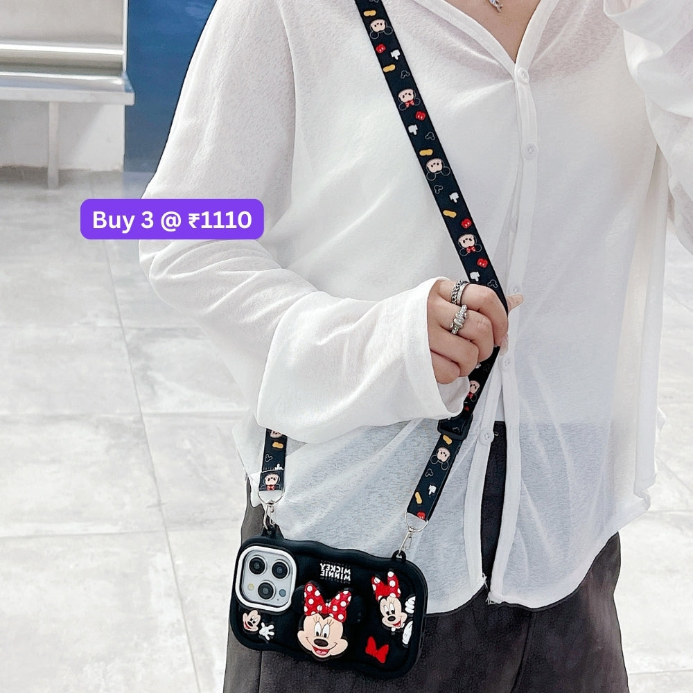 Minnie Cartoon Kickstand Phone Case with Shoulder Strap | Mobile Cover - iPhone 13