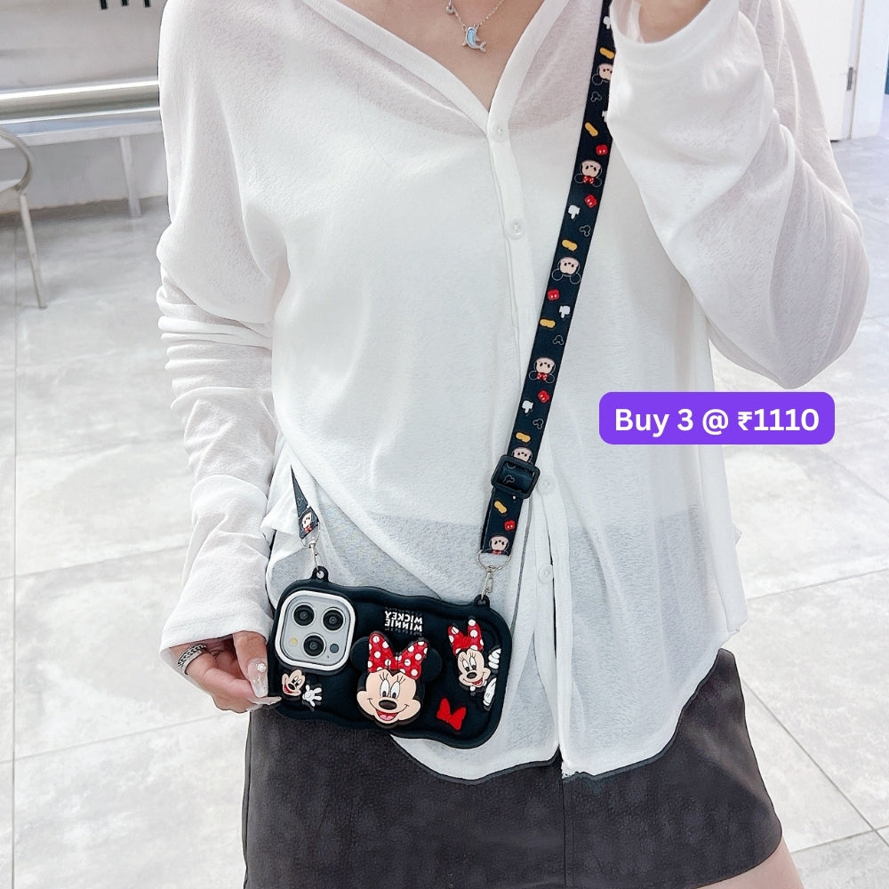 Minnie Cartoon Kickstand Phone Case with Shoulder Strap | Mobile Cover - iPhone 13