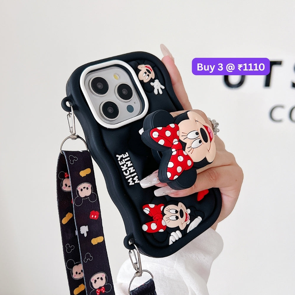 Minnie Cartoon Kickstand Phone Case with Shoulder Strap | Mobile Cover - iPhone 13