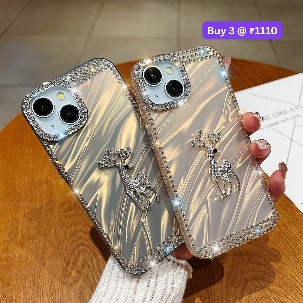 Mriga Charm with Shining Diamond Border PC (Hard) and TPU (Soft) Phone Case | Mobile Cover - iPhone 15 Plus