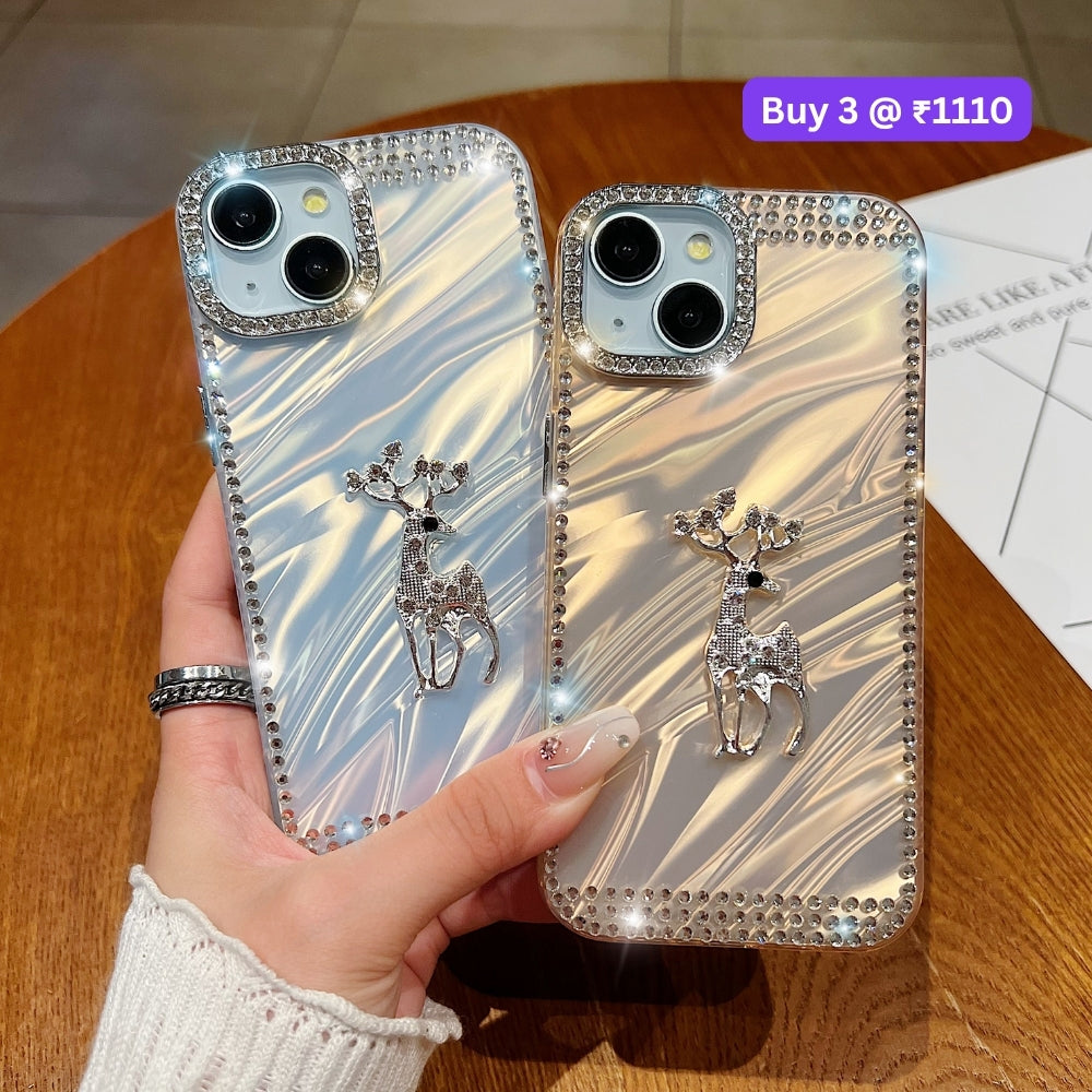 Mriga Charm with Shining Diamond Border PC (Hard) and TPU (Soft) Phone Case | Mobile Cover - iPhone 15 Plus