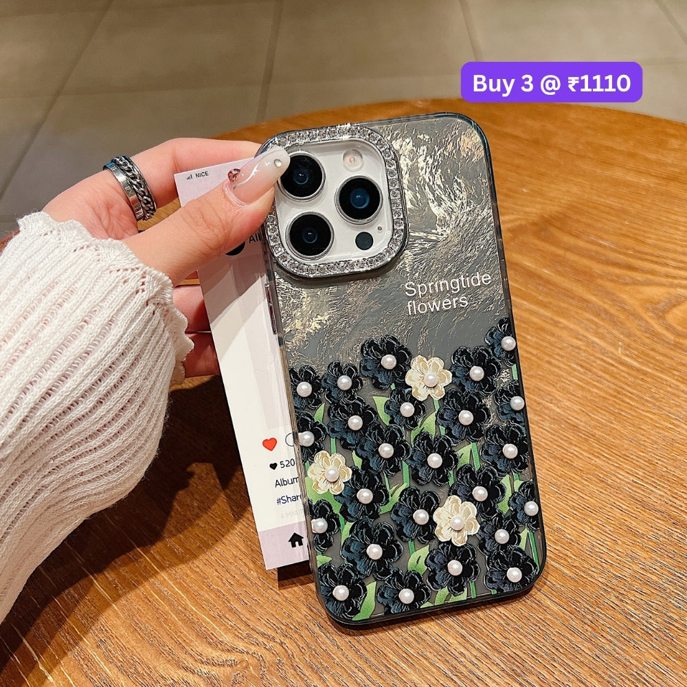 Oil Painted Flower with Embossed Pearl TPU (Soft) Phone Case | Mobile Cover - iPhone 13