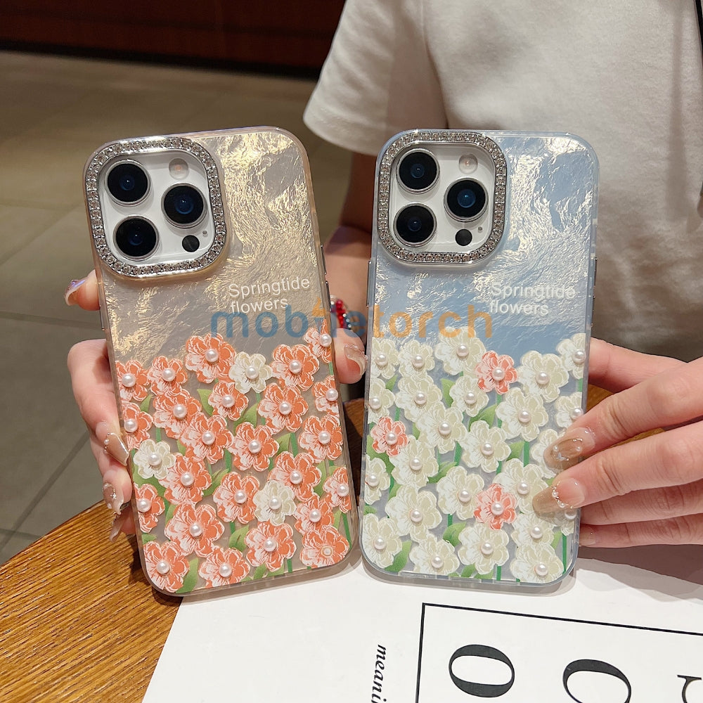 Oil Painted Flower with Embossed Pearl TPU (Soft) Phone Case | Mobile Cover - iPhone 13
