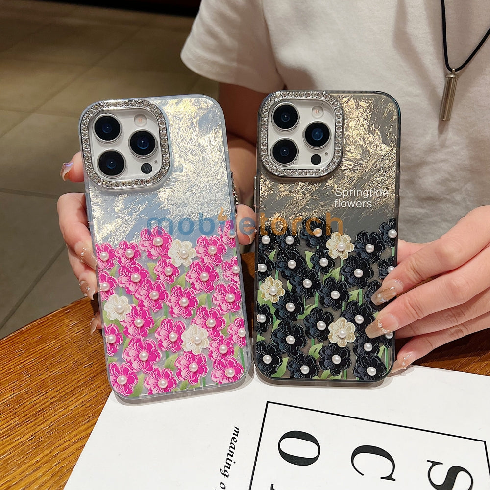 Oil Painted Flower with Embossed Pearl TPU (Soft) Phone Case | Mobile Cover - iPhone 13