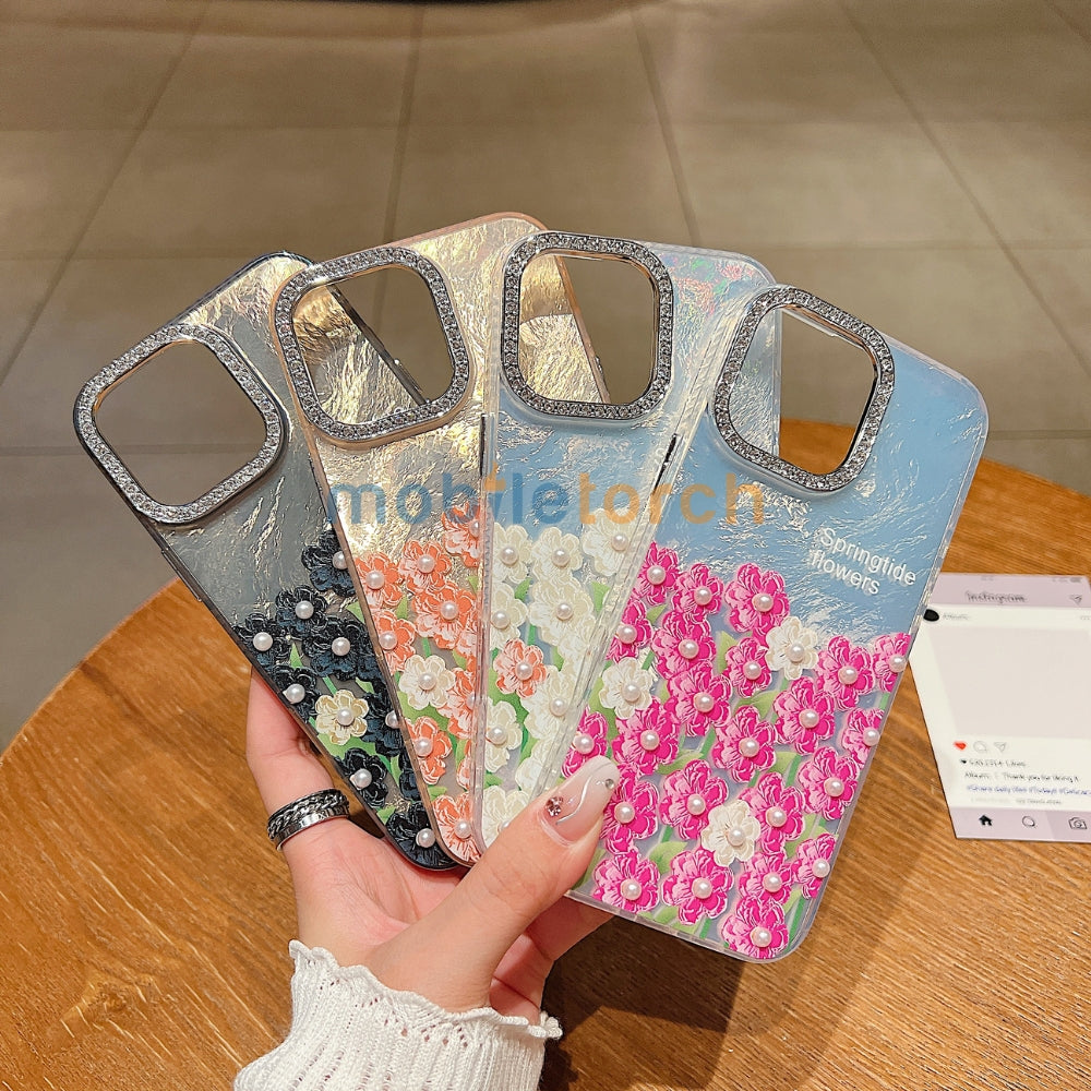 Oil Painted Flower with Embossed Pearl TPU (Soft) Phone Case | Mobile Cover - iPhone 13