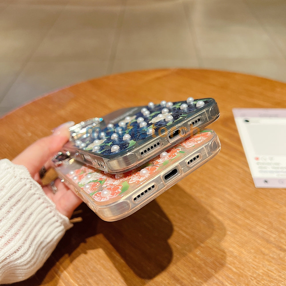 Oil Painted Flower with Embossed Pearl TPU (Soft) Phone Case | Mobile Cover - iPhone 13