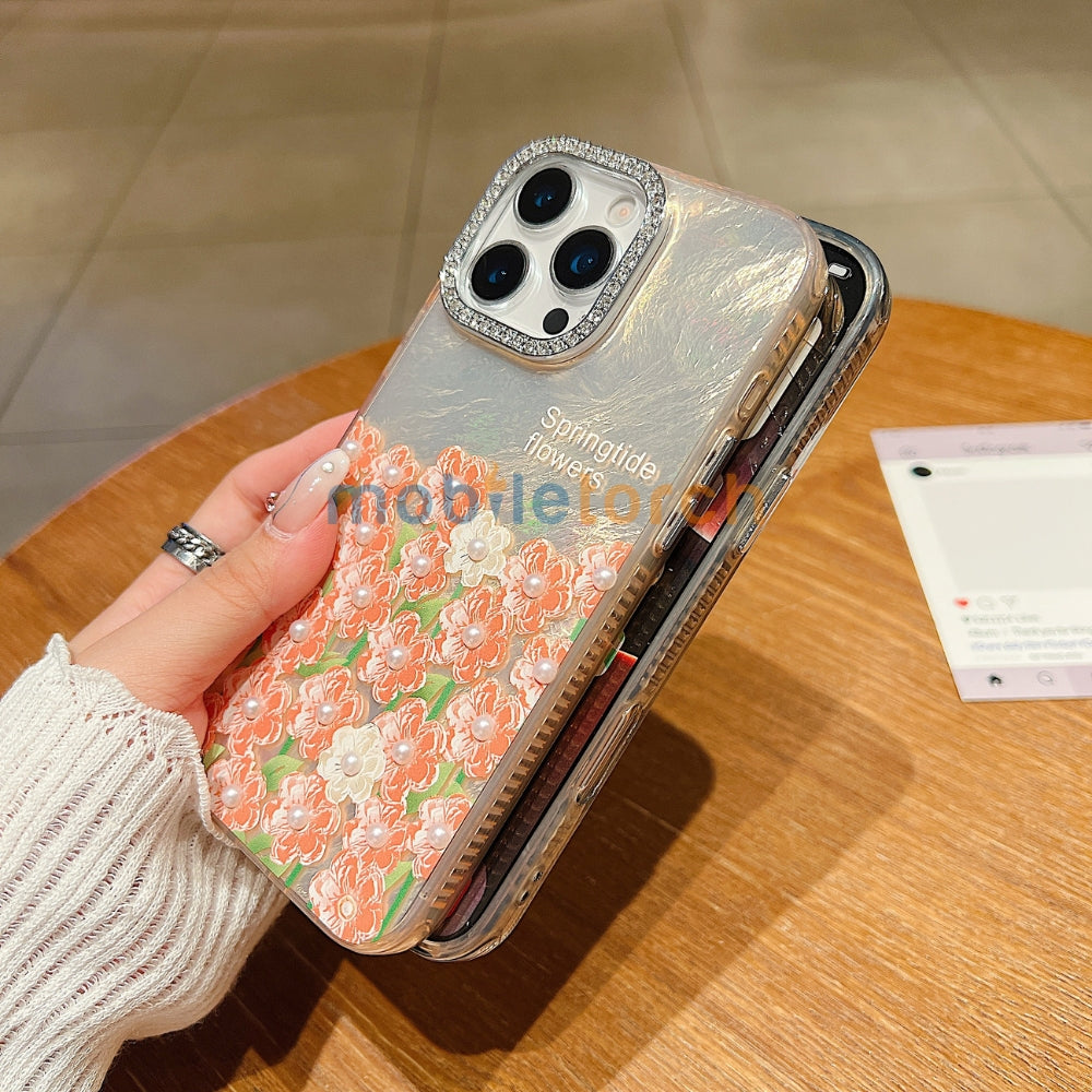 Oil Painted Flower with Embossed Pearl TPU (Soft) Phone Case | Mobile Cover - iPhone 13