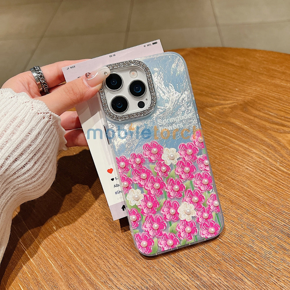 Oil Painted Flower with Embossed Pearl TPU (Soft) Phone Case | Mobile Cover - iPhone 13