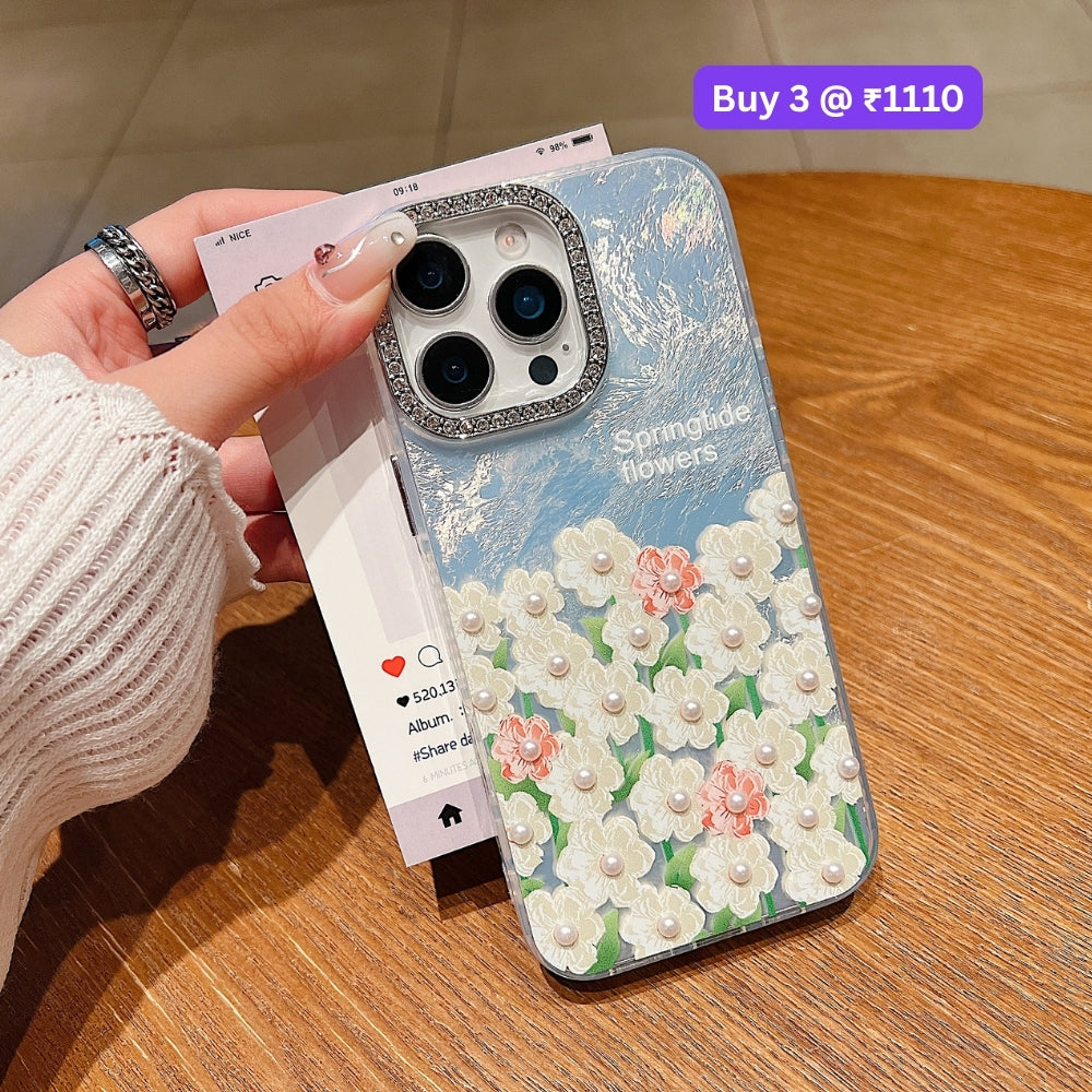 Oil Painted Flower with Embossed Pearl TPU (Soft) Phone Case | Mobile Cover - iPhone 13