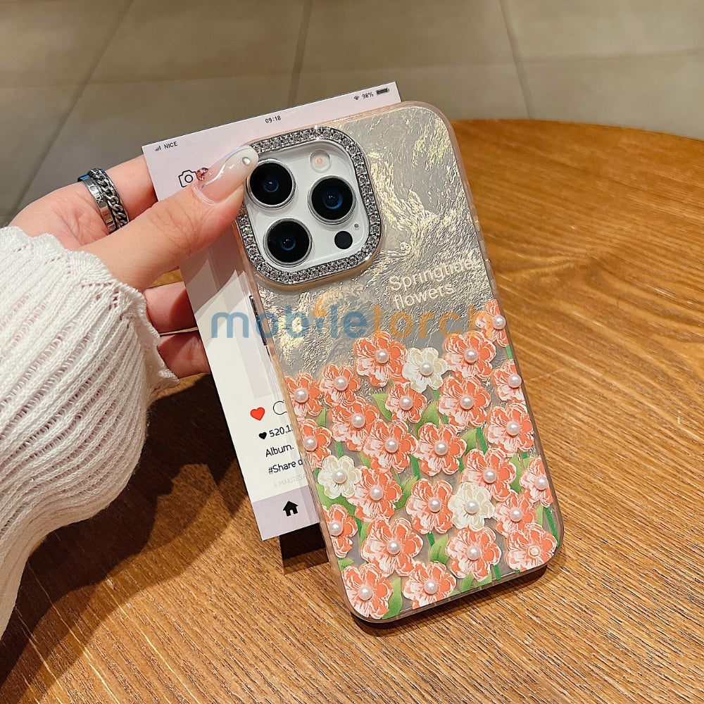 Oil Painted Flower with Embossed Pearl TPU (Soft) Phone Case | Mobile Cover - iPhone 13