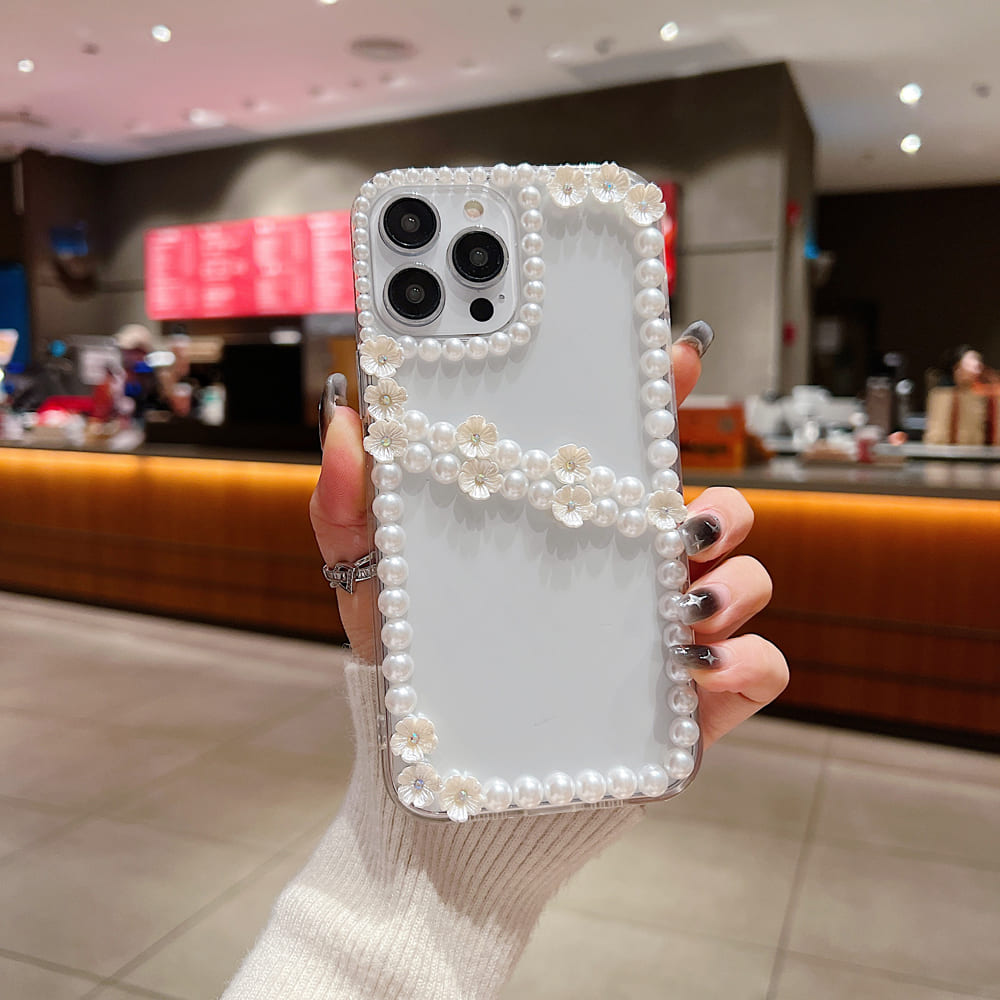 Pearl Border Floral Transparent Phone Case