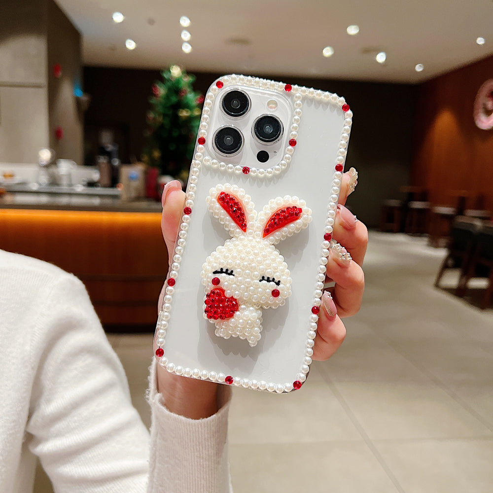 Cute 3D Pearl Rabbit with Pearl Border Transaprent Phone Case - iPhone 15 Pro Max