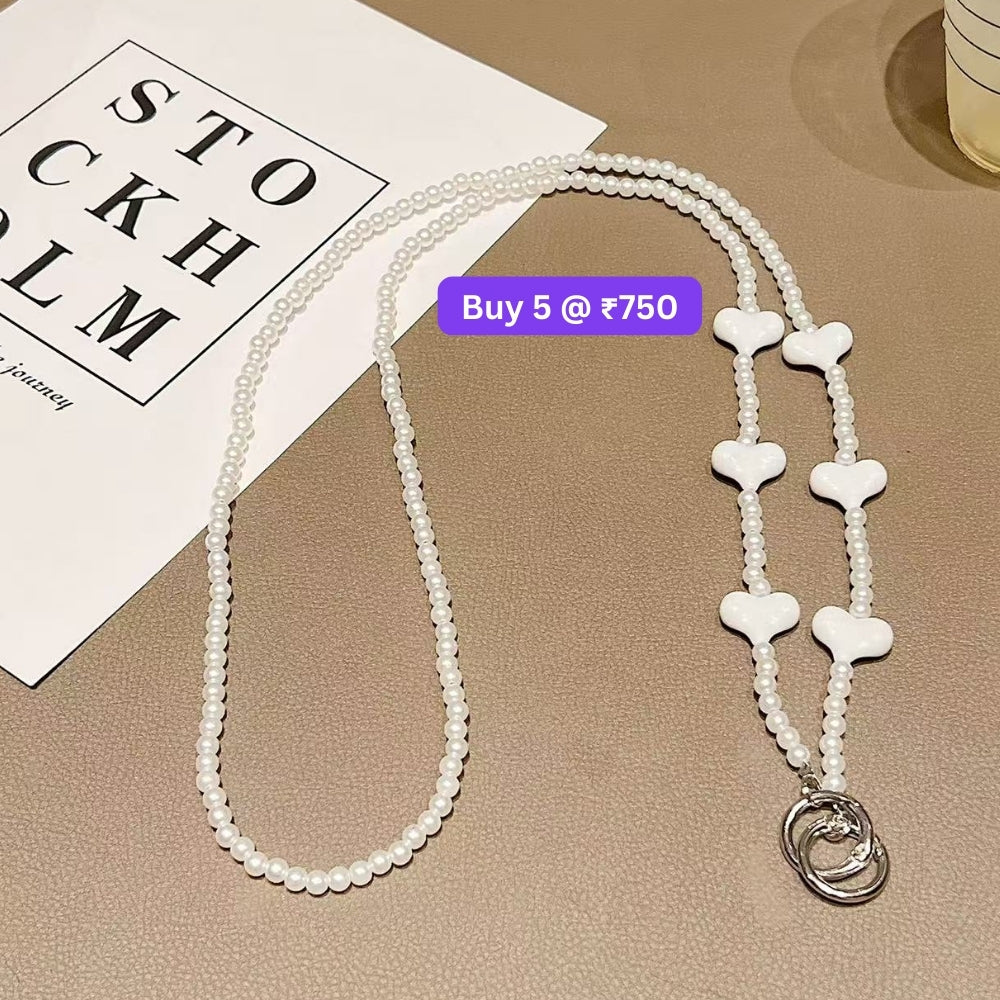 Phone Case Lanyard long Crossbody Pearl and Heart Chain