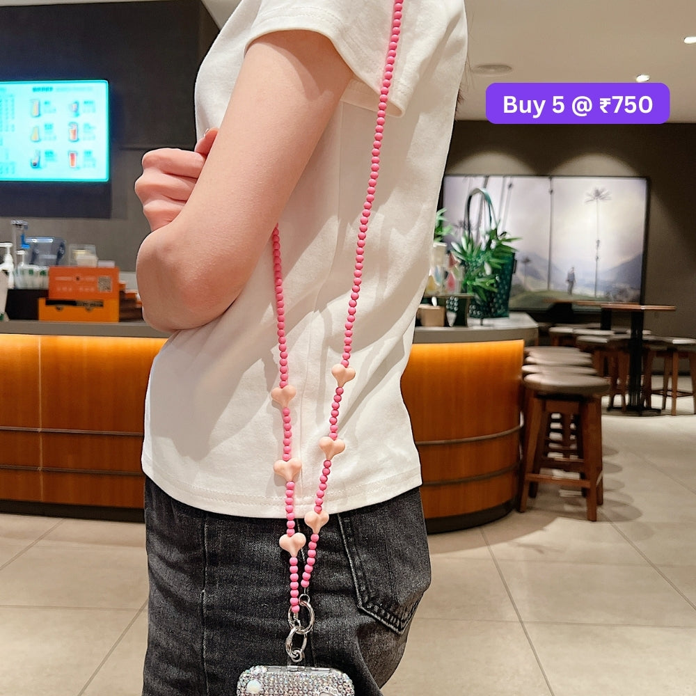 Phone Case Lanyard long Crossbody Pearl and Heart Chain