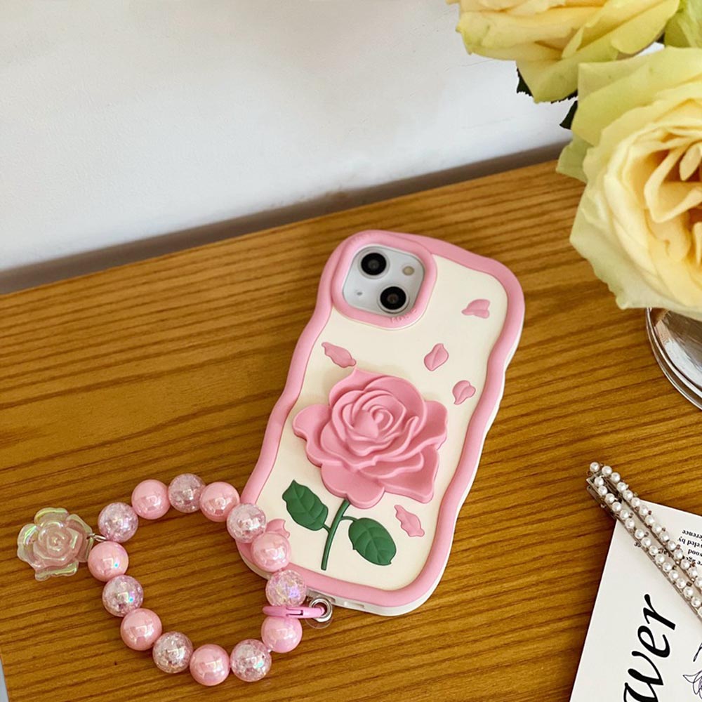 Pink Rose Silicone Soft Cover With Bracelet - iPhone 13 Pro