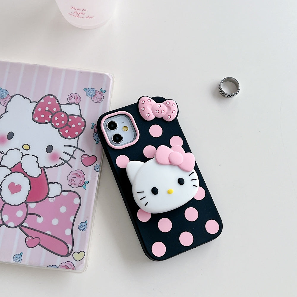Polka Dot Bow Kitty Stand Silicone Phone Case