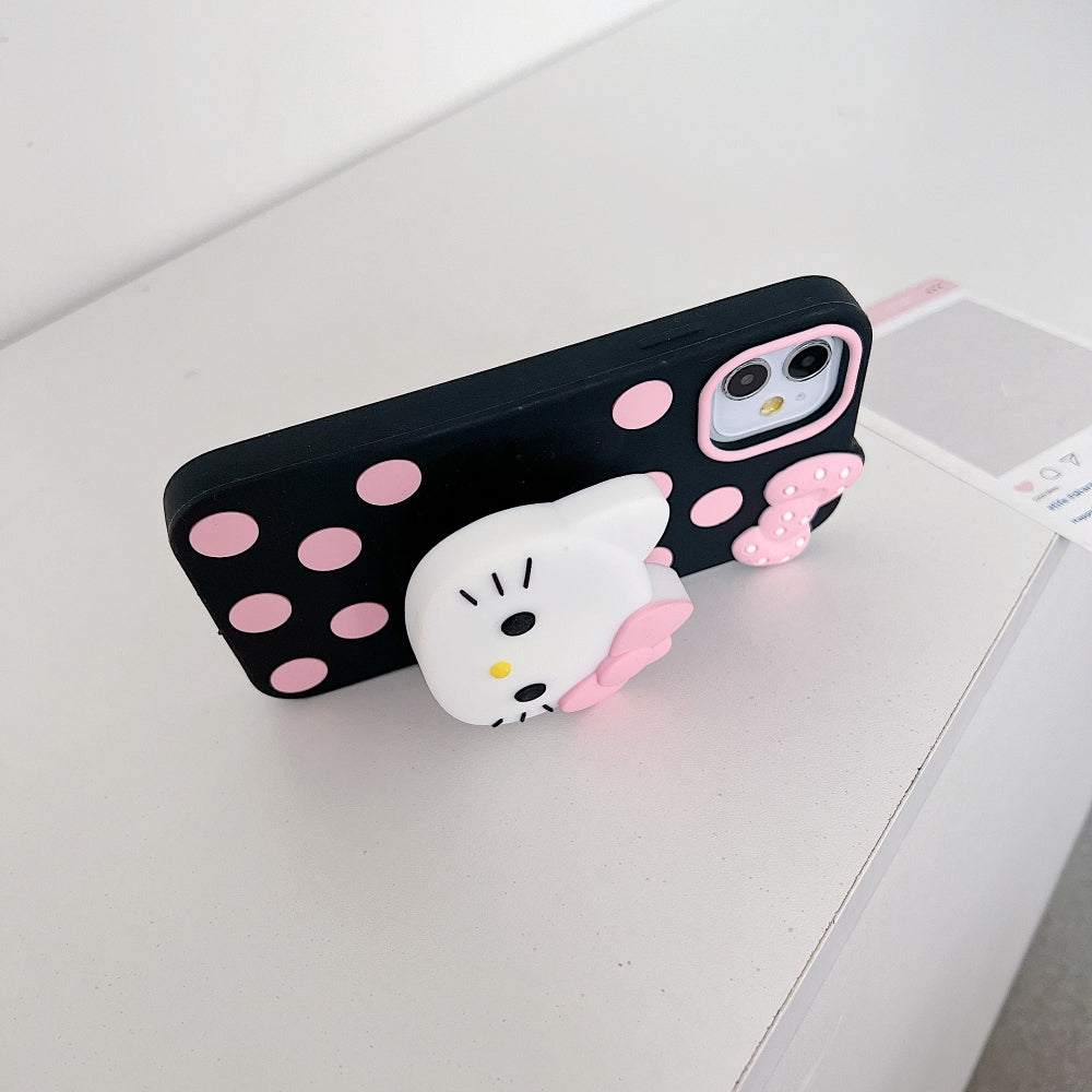 Polka Dot Bow Kitty Stand Silicone Phone Case
