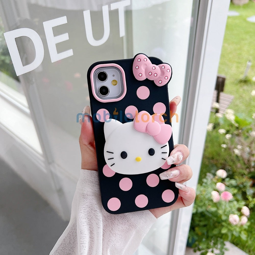 Polka Dot Bow Kitty Stand Silicone Phone Case | Mobile Cover - iPhone 15 Pro Max