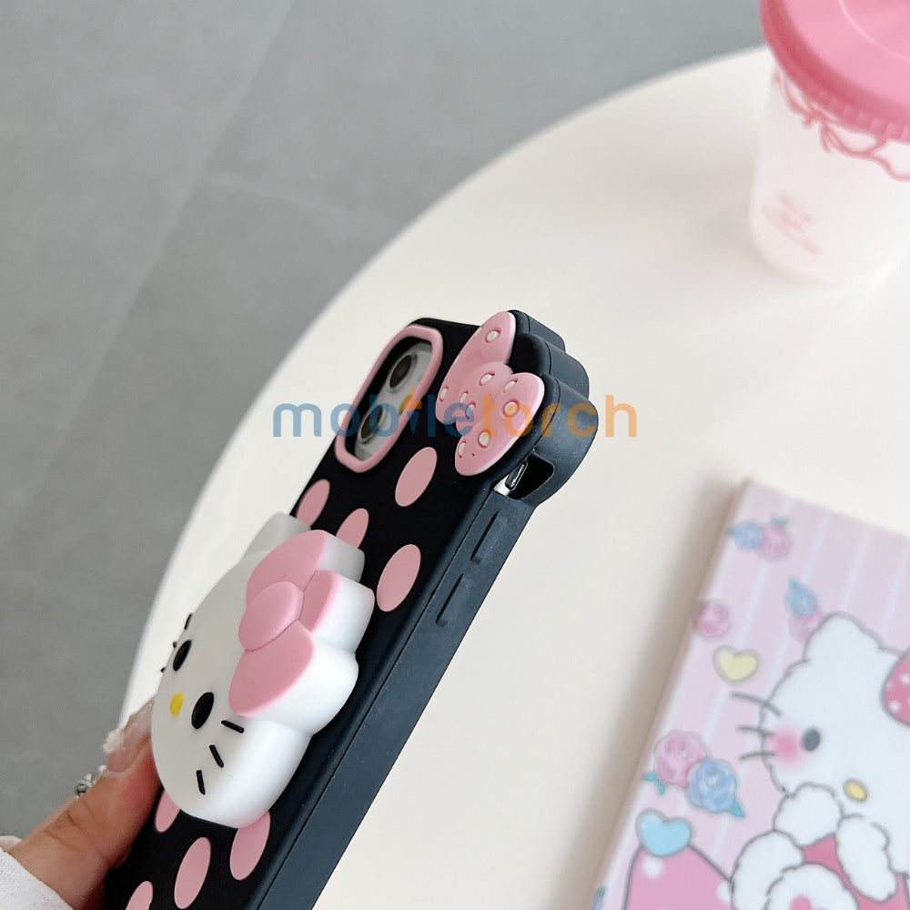 Polka Dot Bow Kitty Stand Silicone Phone Case | Mobile Cover - iPhone 15 Pro Max