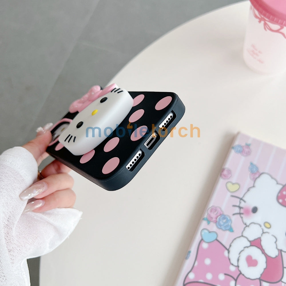 Polka Dot Bow Kitty Stand Silicone Phone Case | Mobile Cover - iPhone 15 Pro Max