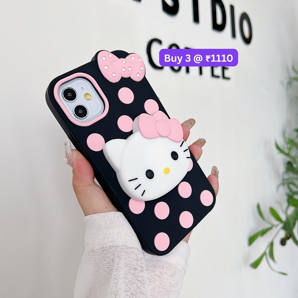 Polka Dot Bow Kitty Stand Silicone Phone Case | Mobile Cover - iPhone 13
