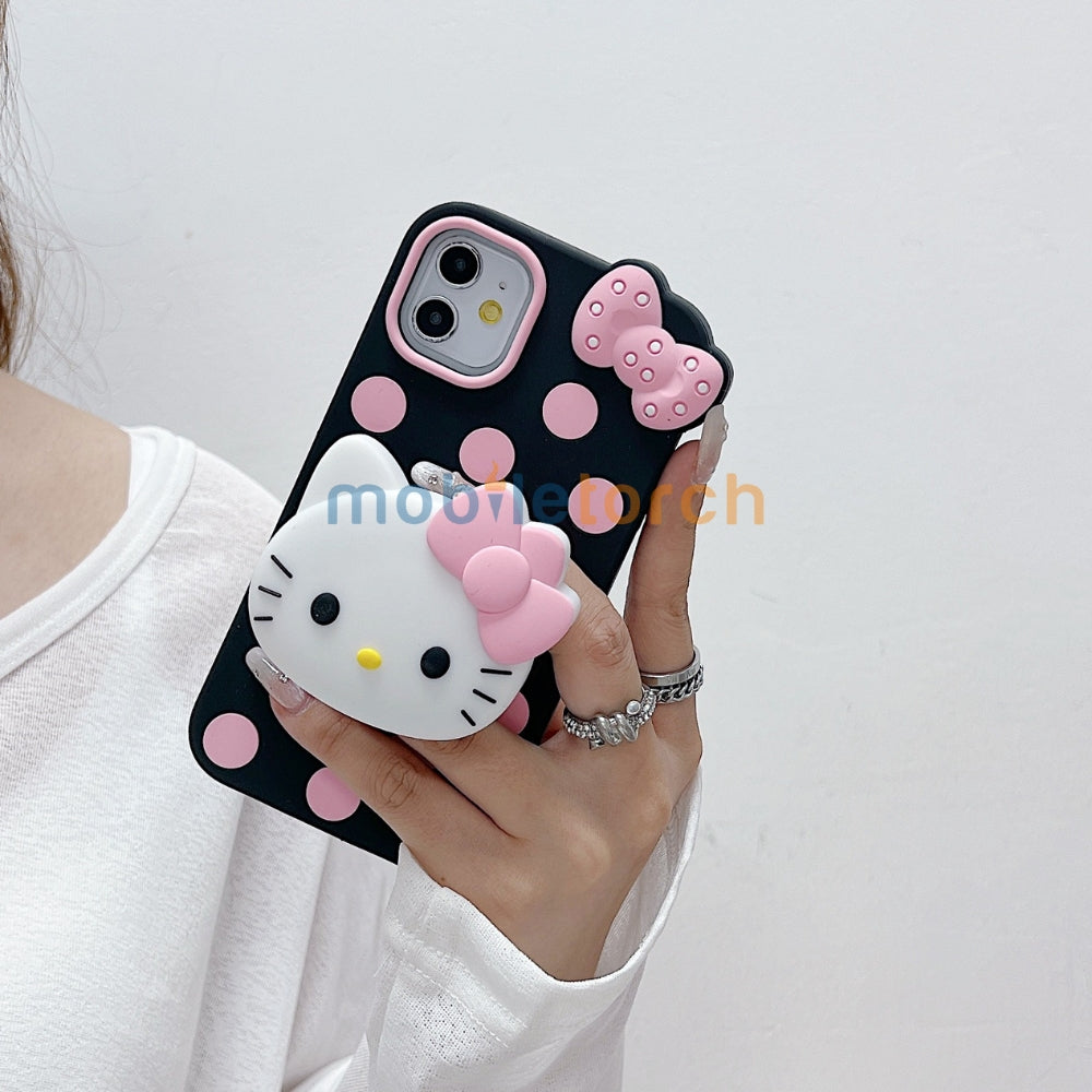Polka Dot Bow Kitty Stand Silicone Phone Case | Mobile Cover - iPhone 15 Pro Max