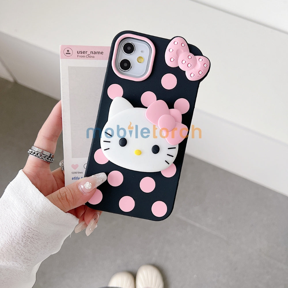 Polka Dot Bow Kitty Stand Silicone Phone Case | Mobile Cover - iPhone 15 Pro Max