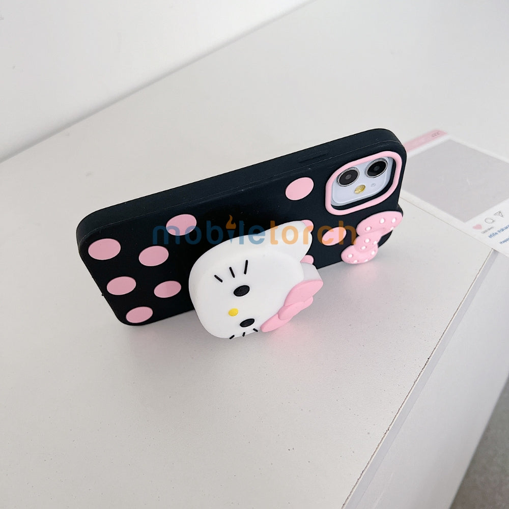 Polka Dot Bow Kitty Stand Silicone Phone Case | Mobile Cover - iPhone 15 Pro Max